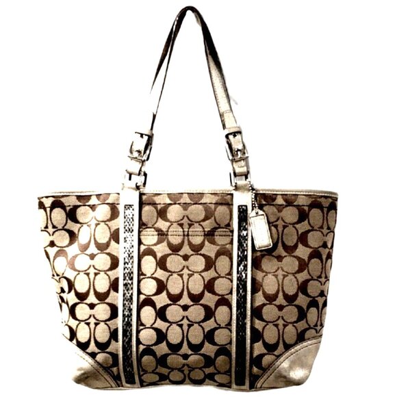 Coach Signature Brown Tan Canvas Tote Bag – Gold Leather Trim Handles G05J-8K52 - Picture 1 of 14